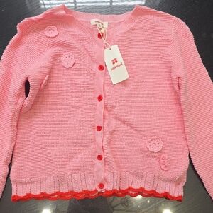 Catimini Pink Knit Cardigan with Red Trim